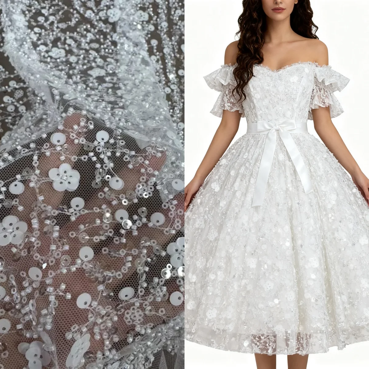 Proste srebrne cekiny, paski z koralików, paski z gałęzi drzew, koronka, haft, DIY, suknia ślubna, odzież, koronka, włóczka.