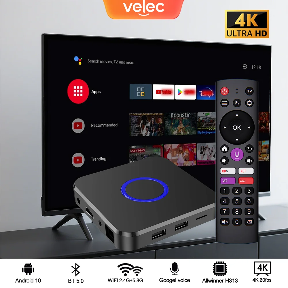 Velec I96 Z12 Smart TV Box 4GB+32GB BT5.2 4K Dual Wifi Android 10 Set Top Box with BT Voice Control Assistant Smart Media Player