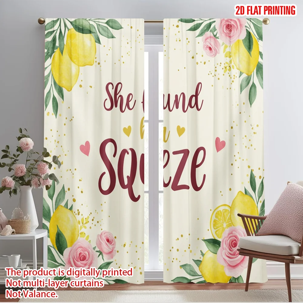 

2pcs 2D flat printing Window Curtains Lemon squeeze rose floral Fabric Without Electricity Festive Curtains Perfect for Festive