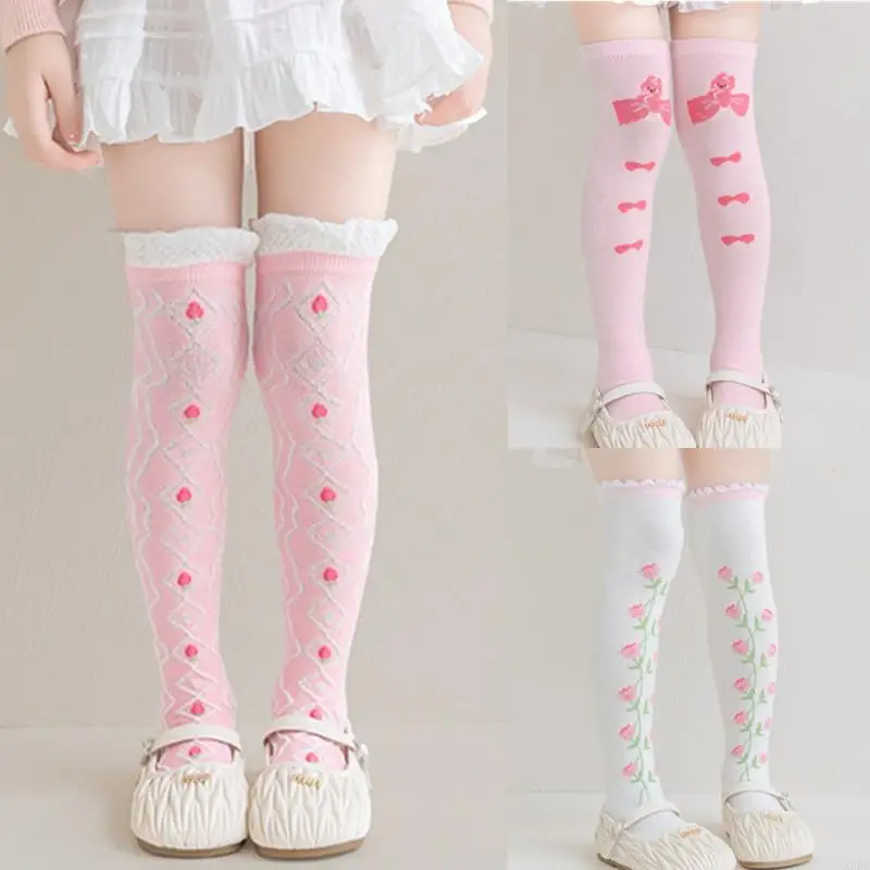 1 Pair Floral Children Stockings Soft Combined Cotton Baby Girls Knee High Socks For 3-8 Years Kids