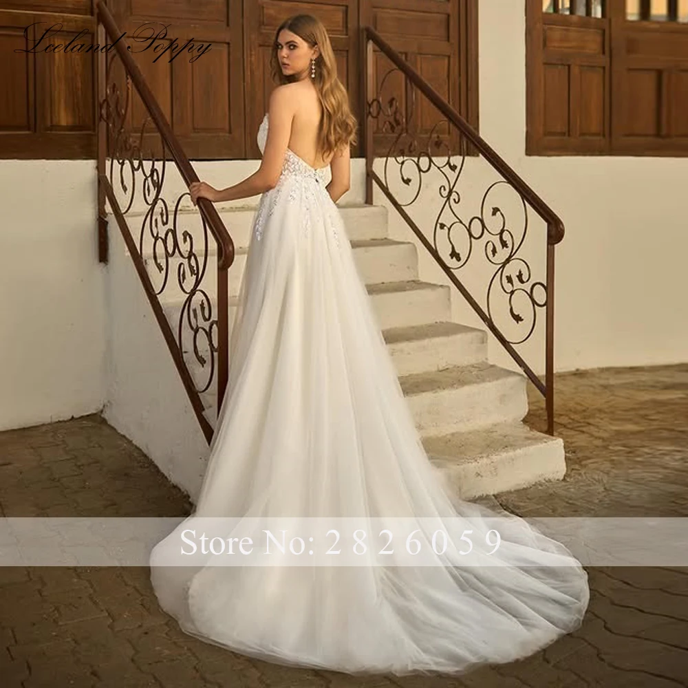 Lceland Poppy Customized A Line Strapless Wedding Dresses Floor Length Sleeveless Beaded Lace Bridal Gowns with Court Train