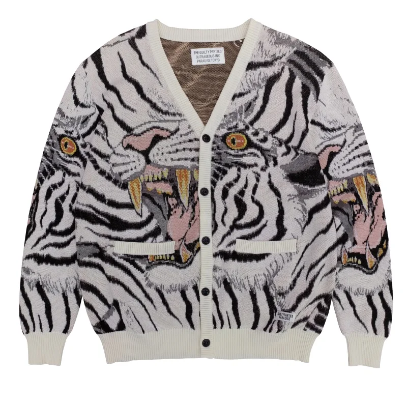 Suéter Vintage con estampado de tigre para hombre y mujer, suéteres de punto informales holgados con cuello de pico japonés, ropa de gran tamaño