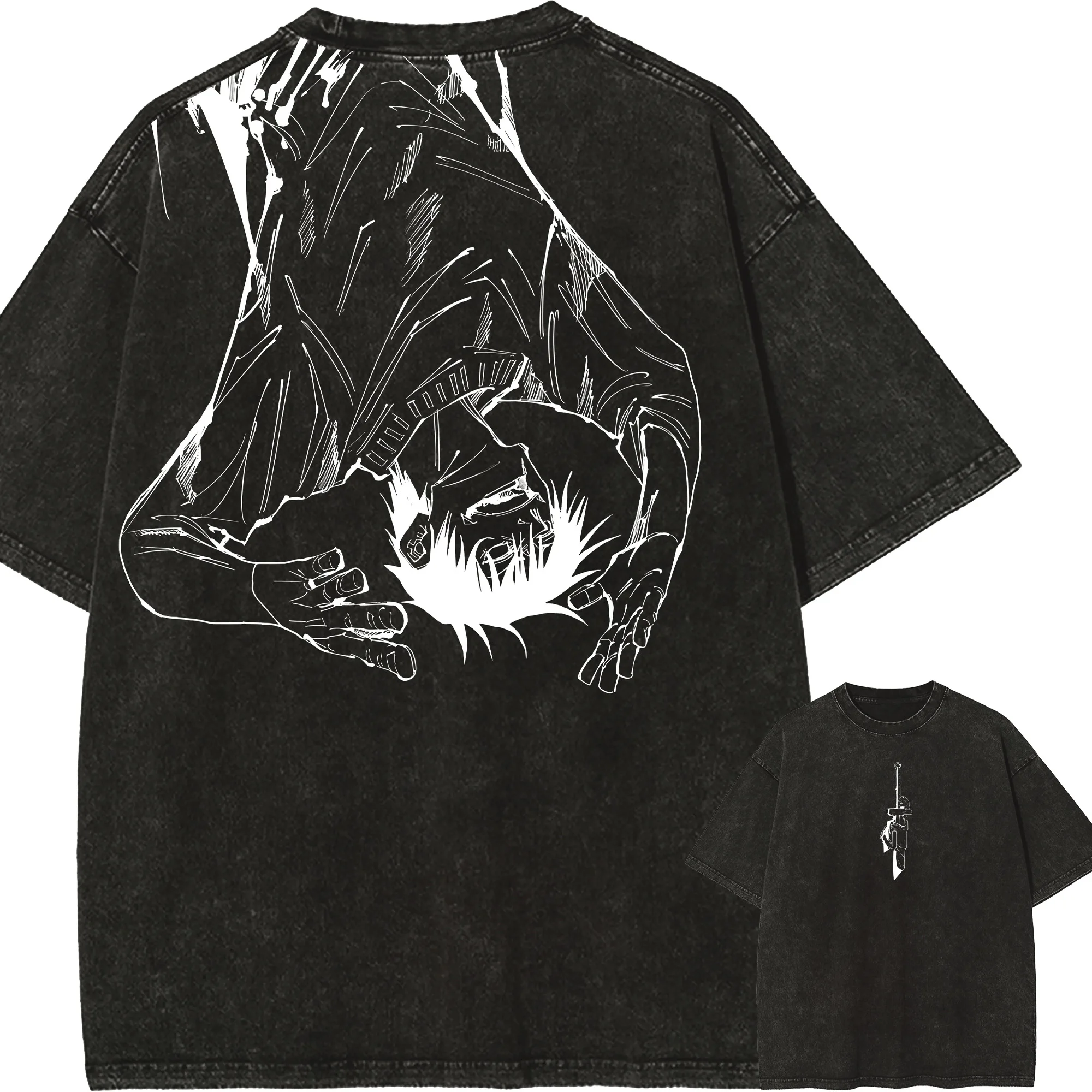 Gojo Satoru T-Shirt Jujutsu Kaisen Herren Acid Wash Invertierter Speer Anime Grafik Baumwolle Streetwear Honored One Vintage Bootleg Tee