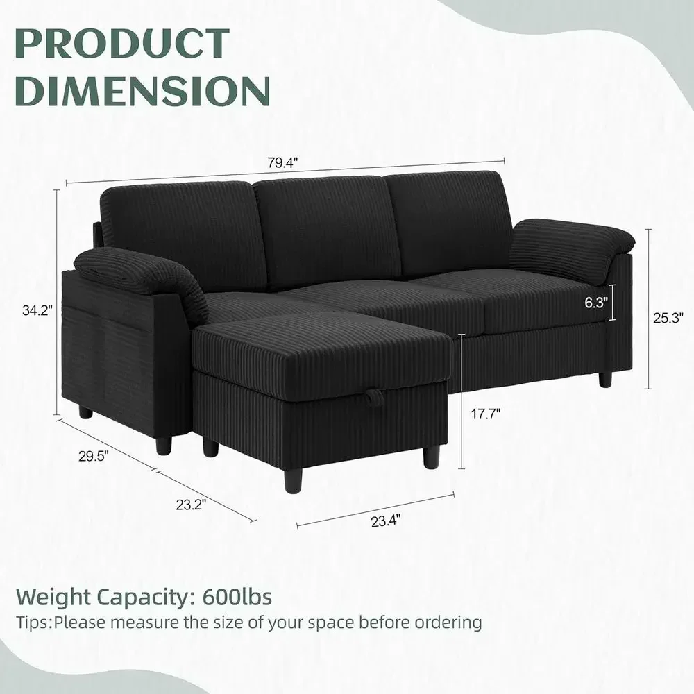 79 L-Shaped Sectional Sofa with Storage Ottoman, 3-Seat Couch for Small Spaces, Black