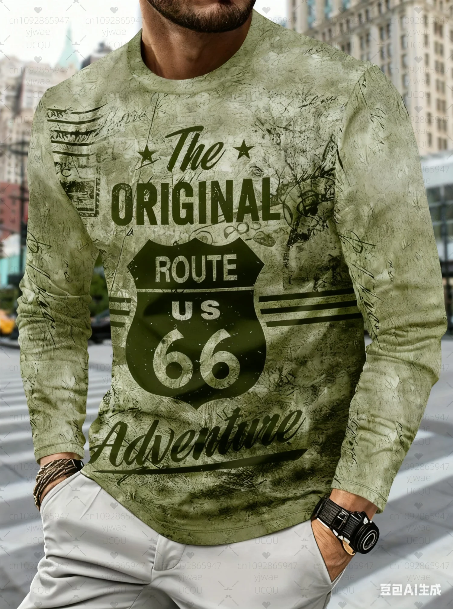 2025 تي شيرت رجالي كم طويل ثلاثية الأبعاد طباعة تي شيرت عادية خمر الرجال Vintage الطريق 66 تي شيرت فضفاض الرياضة س الرقبة الرجال الملابس