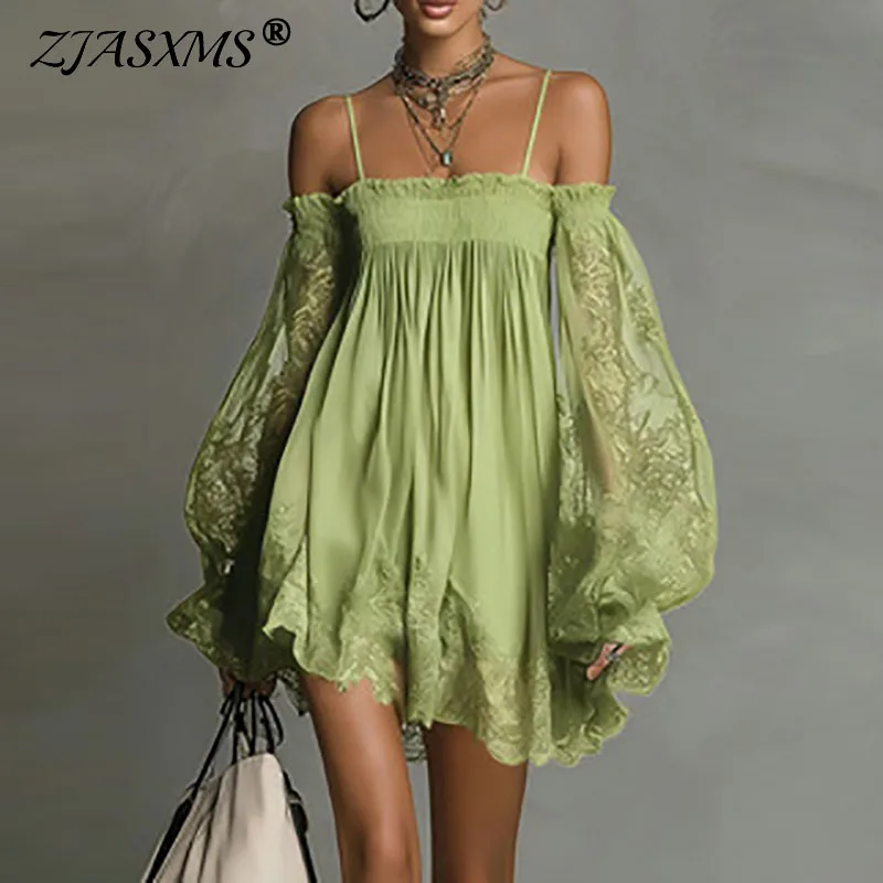 Boho Frühling Schulterfreies Spitzenkleid Damen Elegantes Puffärmel Rüschen Partykleid Sommer A-Linie Lässiges Urlaubs-Minikleid