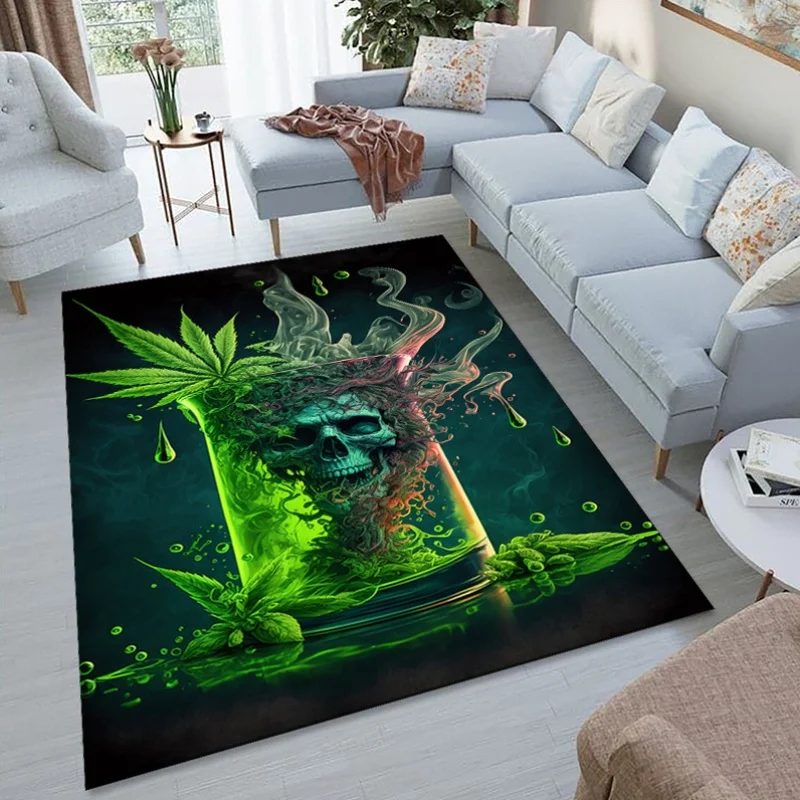 Green Skull & Leaf Doormat, Trippy Psychedelic Entrance Rug, Gothic Weed Art Floor Mat, Non-slip Living Room Carpet, Cool Decor