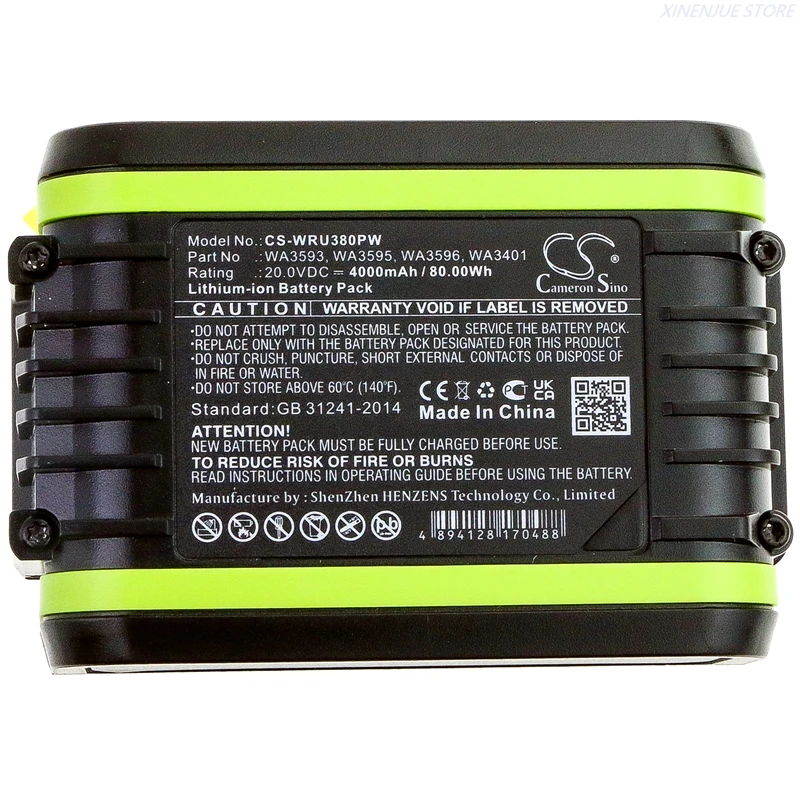 Power Tools Battery 20V/4000mAh WA3593, WA3595, WA3596, WA3401 for Worx WU380, WU388, WU185, WU294, WU279, WU172