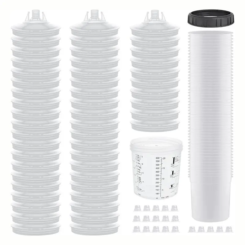 AT05-Paint Sprayer Mixing Cup,1.0 System(Not 2.0)-50Pcs 20 Ounce Kit -50 Cup Liners,50 Lids With Strainer,1 Hard Cup,20 Plugs