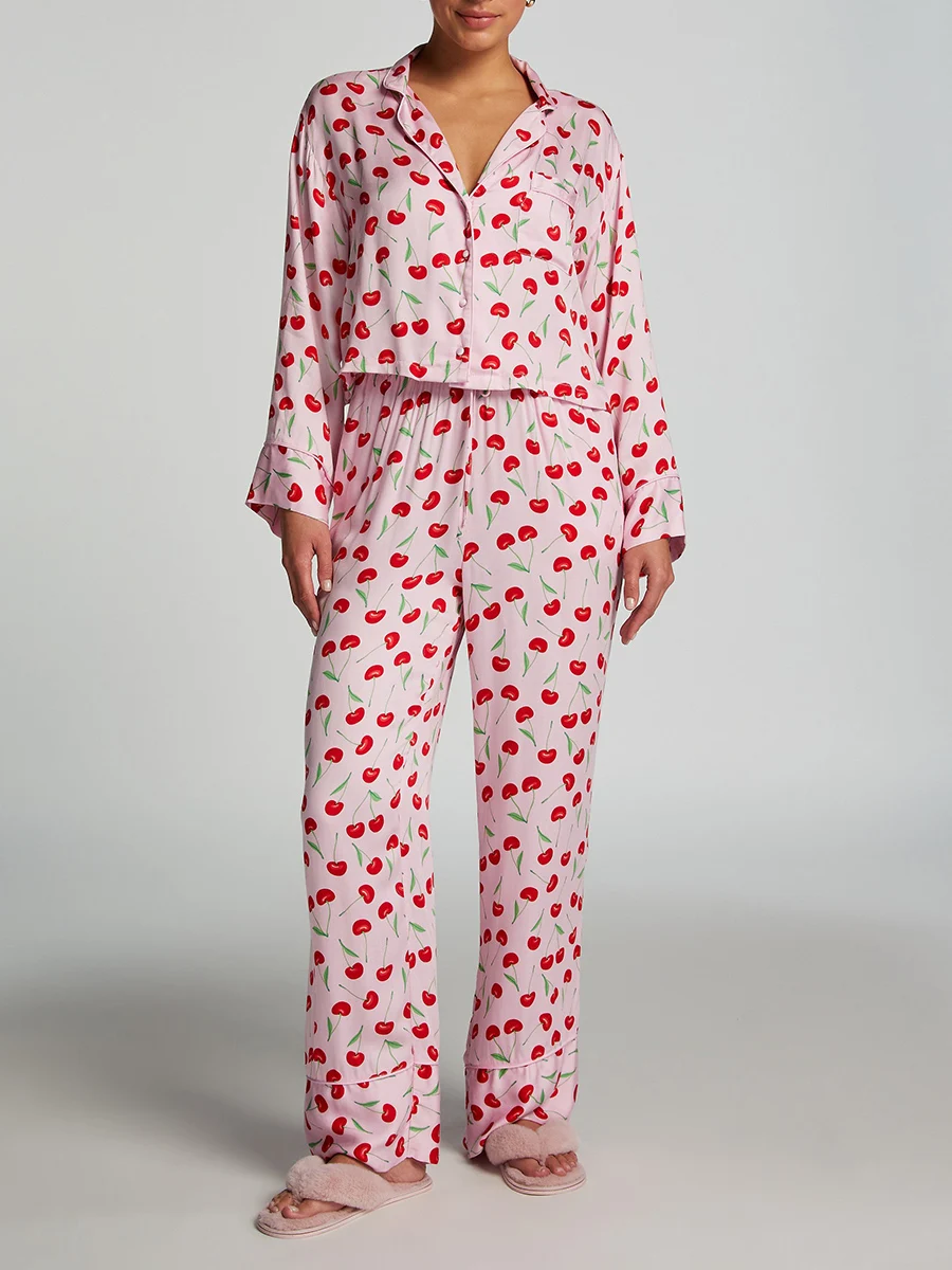 Women s Fall Loungewear Set Cherry Print Long Sleeve Lapel Button Down Tops with Drawstring Long Pants Sleepwear