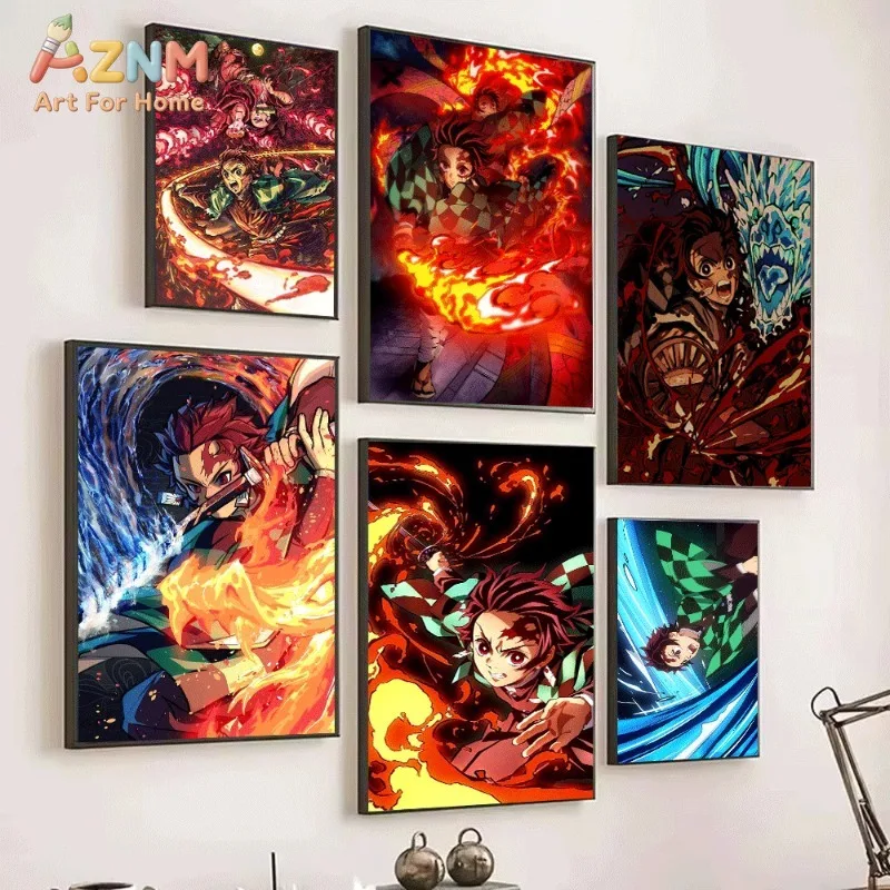 Demon Slayer Tanjiro Nezuko Dynamic Battle Water Fire Breathing Anime Canvas Wall Art Unframed Single Canvas Print Wall Artwork