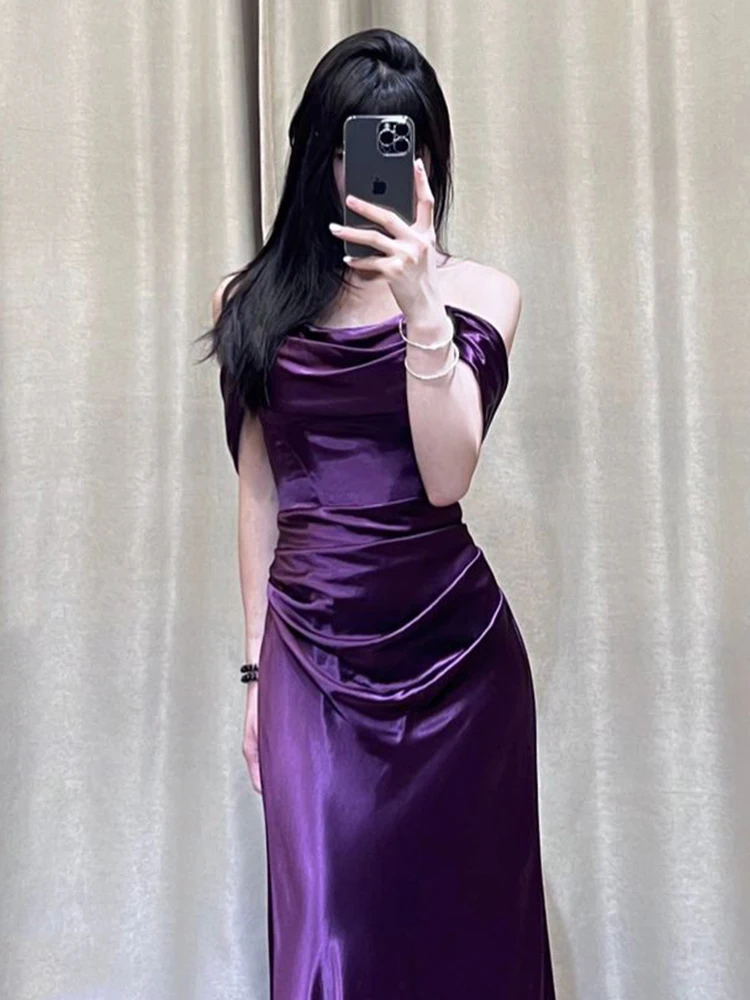 

Ele Purple One-oulder Fi-Tail Wedding Dr for Engagement And Bridal Morning Robe Luxury mat Gown with Belt