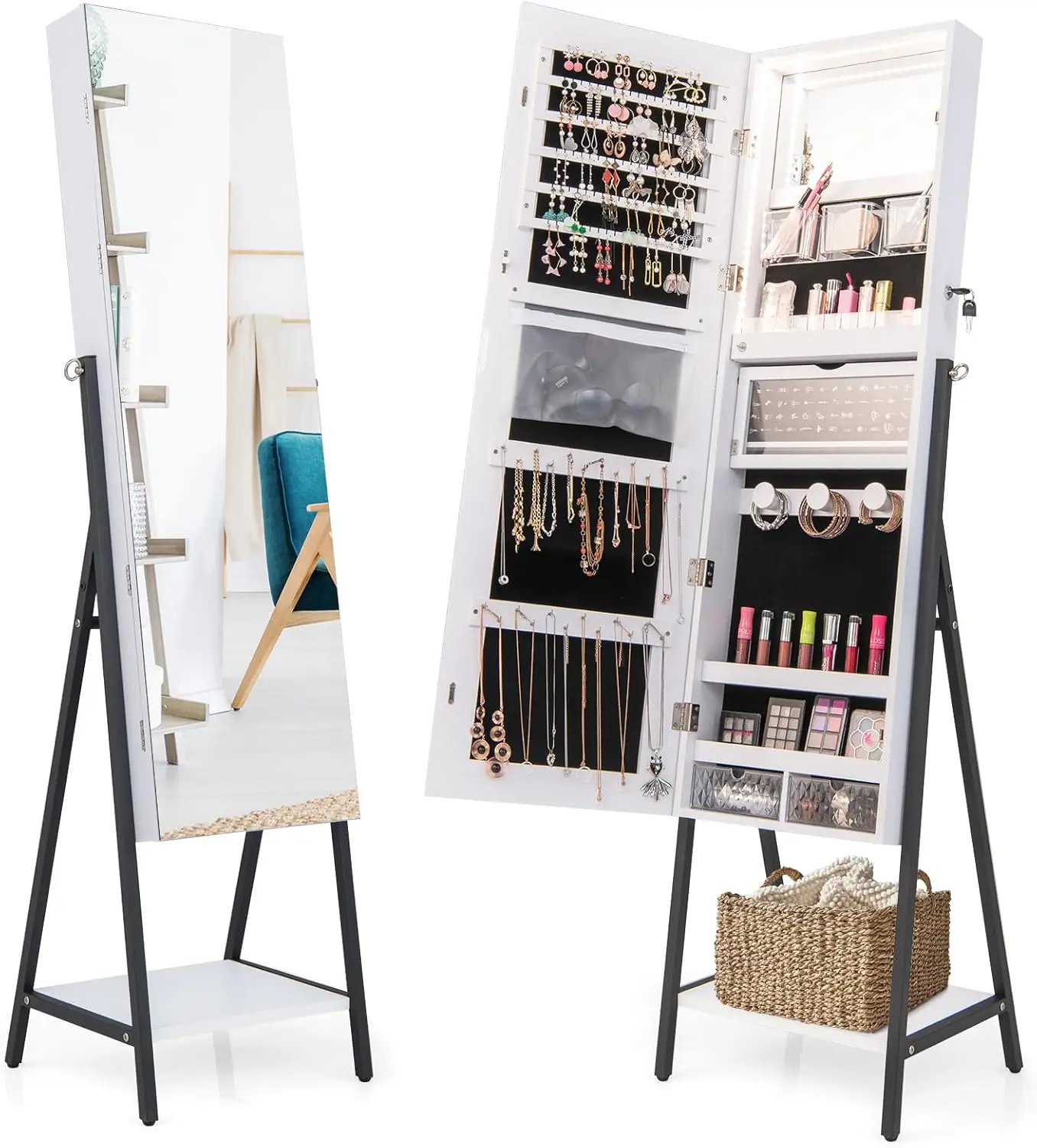 

Зеркало-шкаф для украшений с LED-подсветкой, напольный органайзер для ювелирных изделий с 3-цветной подсветкой и нижней полкой для хранения