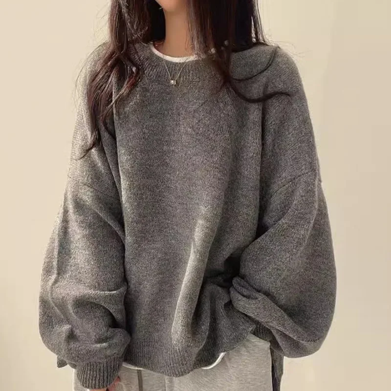 

Women's Fashion TK Hot-Selling Casual Versatile Solid Color Pullover Split Sweater Loose Long Sleeve Knitted Top Autumn Winter