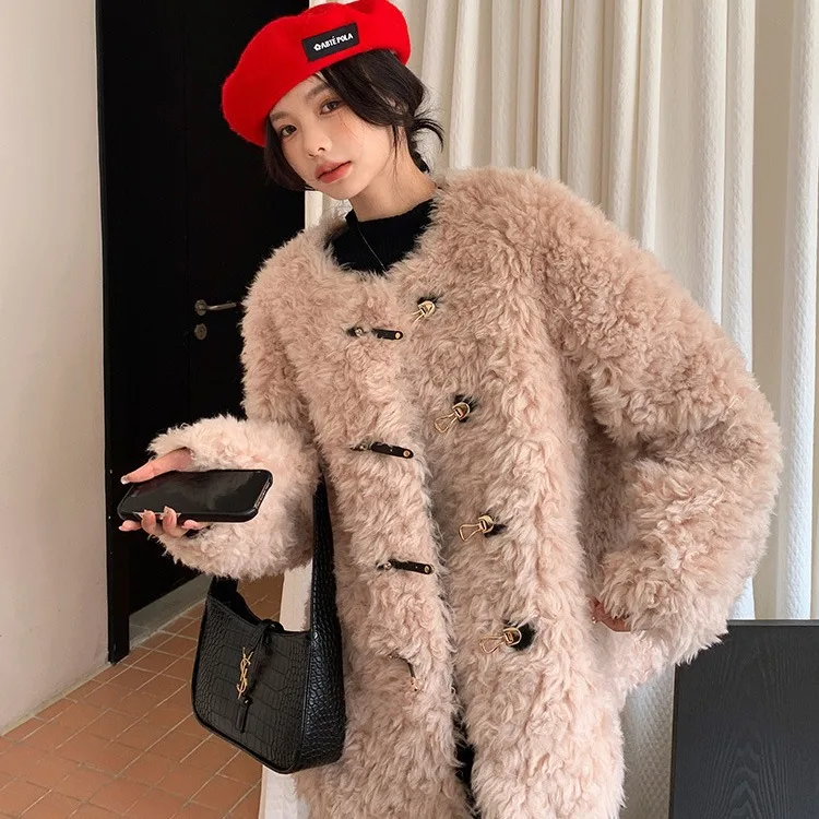 2024 | Winter Curling | Autumn and Winter New Leather Buckle Lamb Hair Sheep Cut Fleece Leather and Wool Integrated Fur Coat for