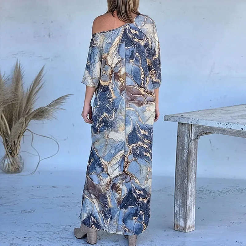 Vestido largo Irregular calado de un solo hombro para Mujer, vestido de noche holgado con estampado de textura de primavera, vestido bohemio de manga larga para Mujer