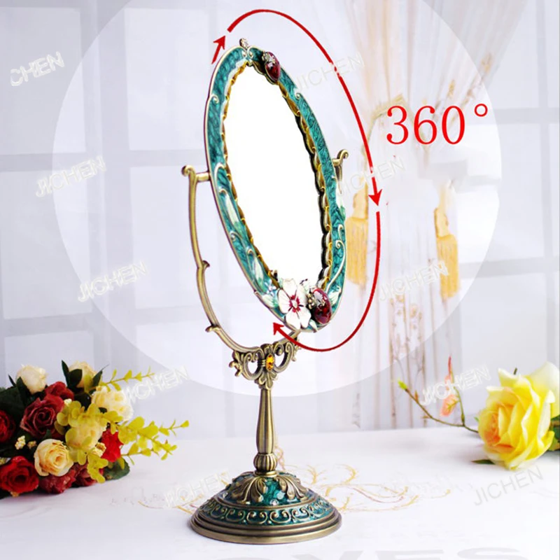 

European Antique Bronze With Purple Hand Enameled And Jeweled With 4x6 Inches Oval Metal Framed Tabletop Swing Cosmetic Mirror