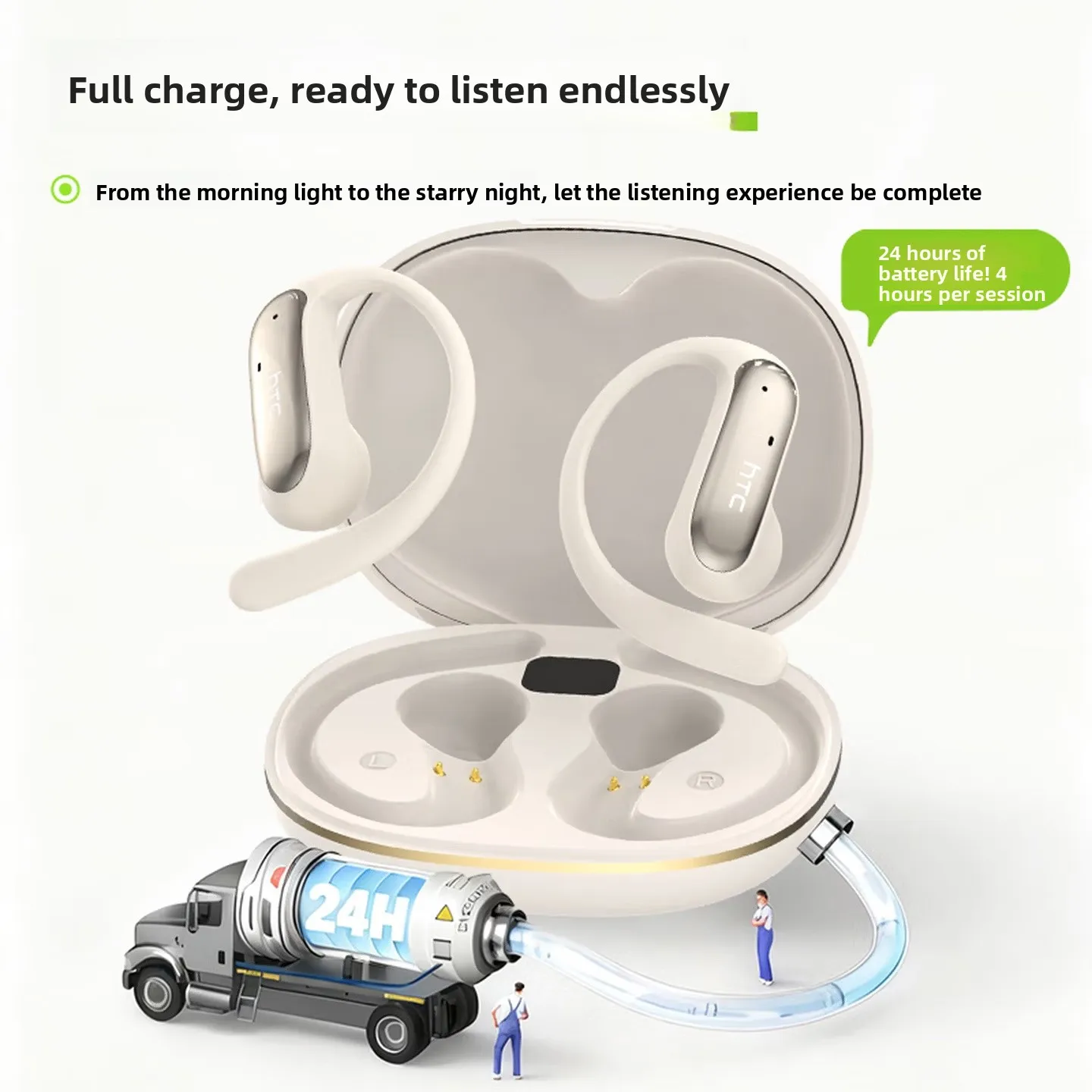 HTC NE52 Open-Ear Sports BT Headset, Panoramic Live Sound, Long Battery Life, ENC Call, White, BT6.0+Surround Sound+Cloud Fit