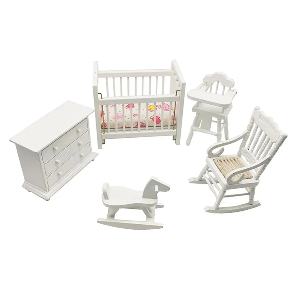 

5x 1:12 Scale Rocking Horse +Crib for Dollhouse Bedroom Scenery Accessory