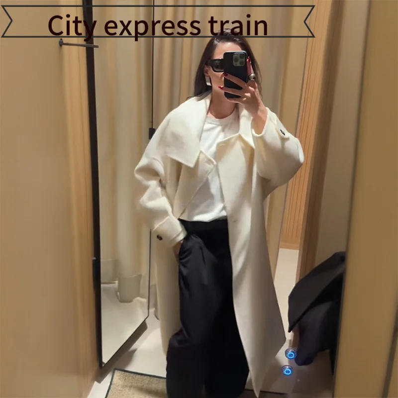 

Faionable Belted Slim Fit Cardigan Long Woolen Sweater Stand Collar Casual Sle Mid-Length Coat for Women Autumn Season