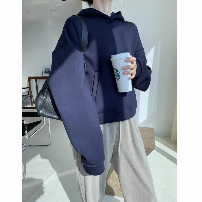 Spring Autumn Solid Hooded Sweatshirt Women Space Cotton Short Coats Super Soft Good Quality Tops Air Layer Silhouette Hoodies