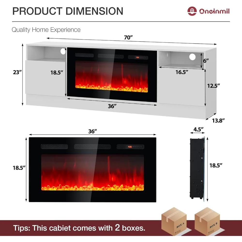 70인치 TV 스탠드와 36인치 전기 벽난로, 대형 모던 미디어 엔터테인먼트 센터, 수납장 및 12색 LED 포함