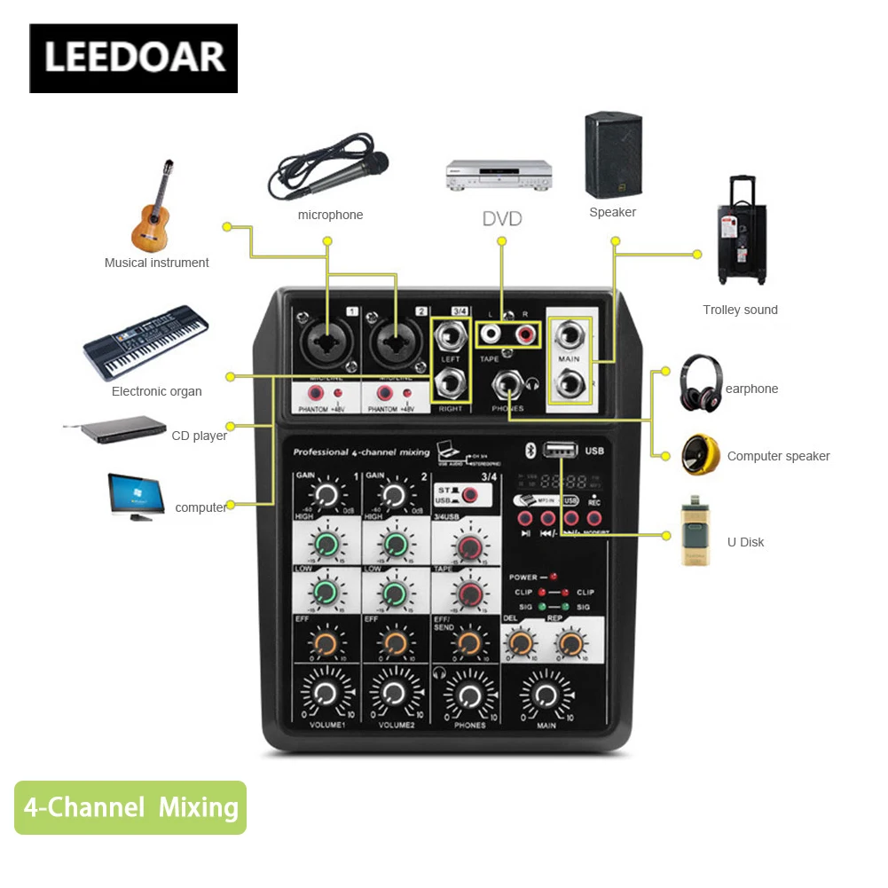 LEEDOAR C4 4 Channel Live Streaming Computer DJ Multifunction  Compatible Headphone Jack Studio Sound Card Portable Audio Mixer