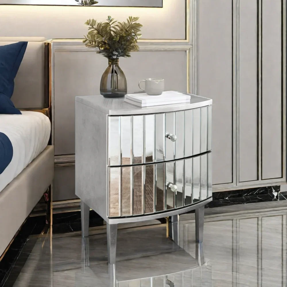 7 Days Delivery  Modern round 3-Drawer Nightstand Glass Bedside Table with Mirrored Finish for Bedroom Living Room