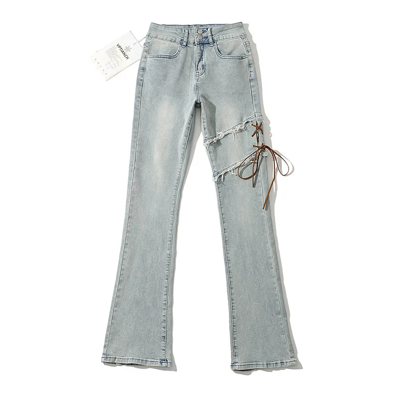

Lace-Up Micro-Flare Jeans Women 2022 New Spring High Waist Vintage Wash Slim Denim Pants s68