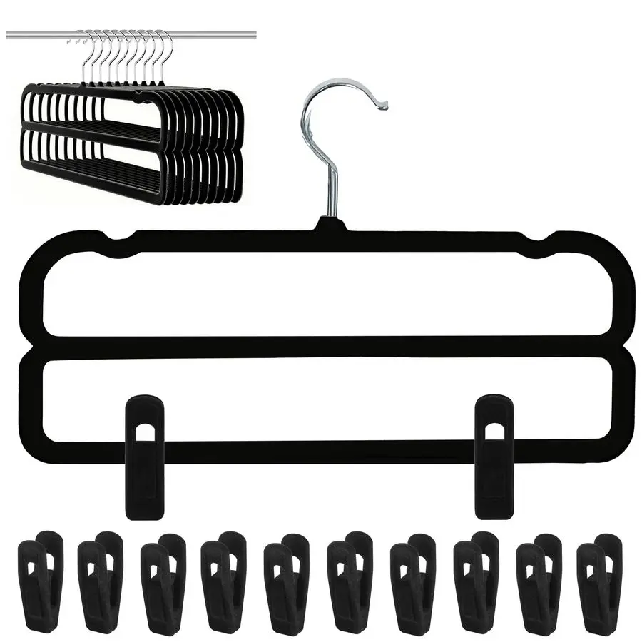 

Вешалки для брюк с двойной нескользящей планкой и регулируемыми зажимами, тонкие, экономящие место, поворотные на 360°, войлочные, для брюк