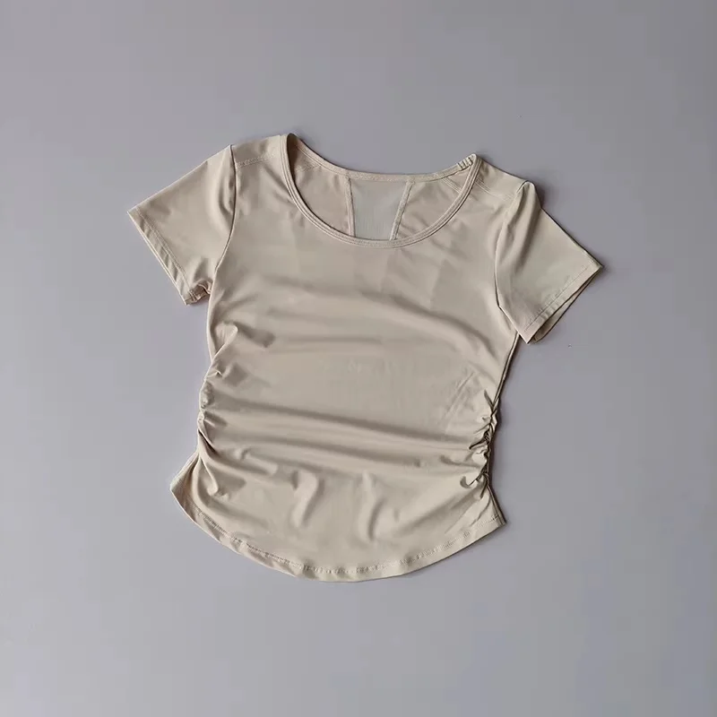 Damen Yoga-Shirt mit kurzen Ärmeln aus Mesh, schnelltrocknend, atmungsaktiv, mit seitlich geraffter Taille, figurbetont, sportliches T-Shirt, Sommer-Gym-Activewear – Detail 9