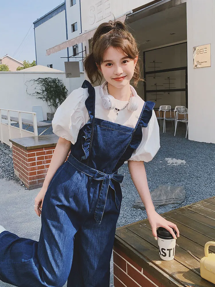 

Летний модный винтажный джинсовый комбинезон для женщин: милый, озорной, активный, молодежный, с широкими штанинами и деревянной отделкой