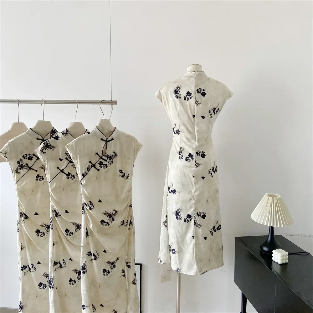 Summer Chinese Style One-Piece Robe Fashion Chic Beige A-Line Dress Sleeveless Court 2000s Aesthetic Mori Girl Print Dresses