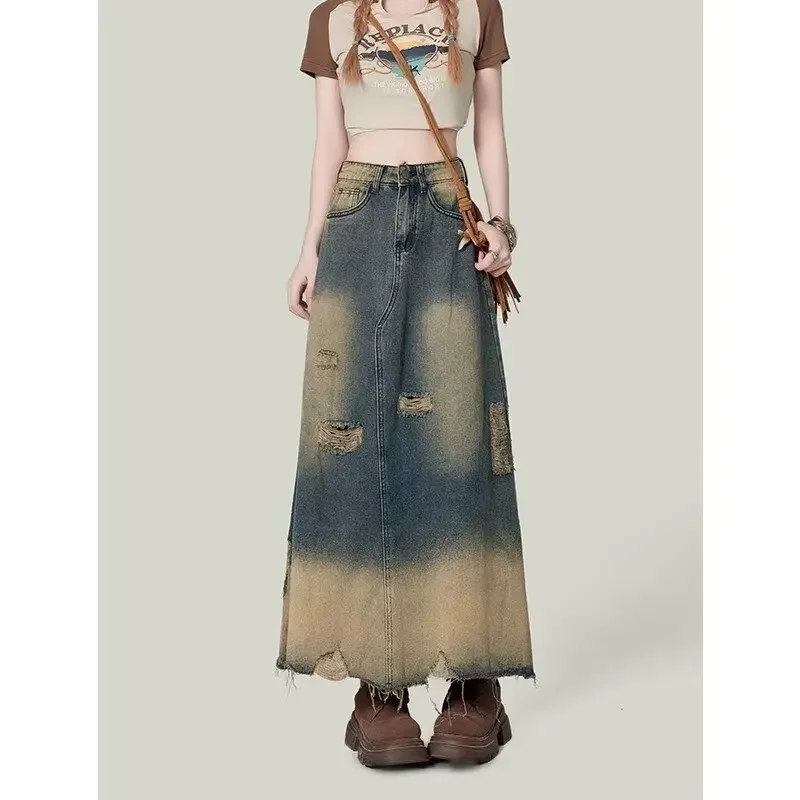 

Women Long Denim Skirt Y2k Emo 2000s Clothes Harajuku Korean 90s Fashion Vintage Gradient A-line Hole Jean Skirts Grunge Clothes