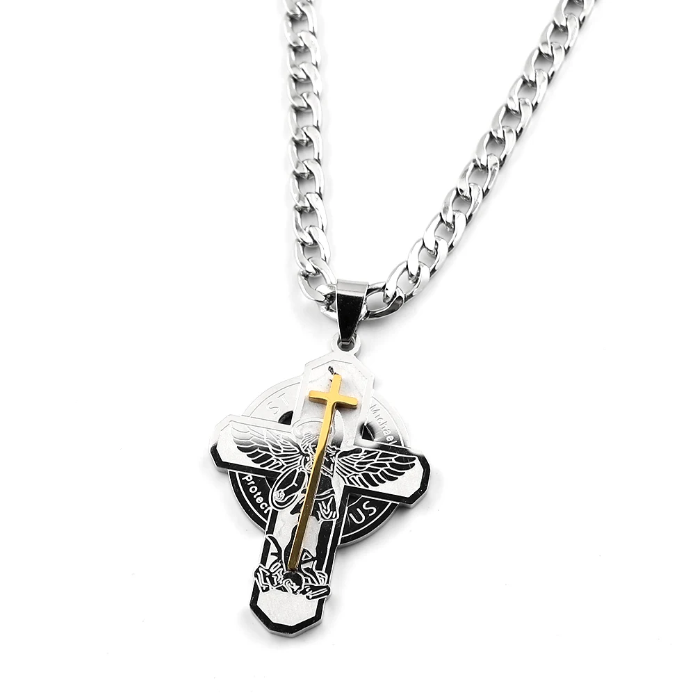 Collier pendentif croix de l'archange Saint-Michel Protège-nous pour femmes et hommes, en acier inoxydable, couleur argent, amulette, bijoux