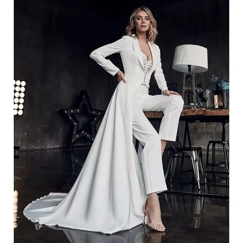 맞춤형 보헤미안 웨딩 어머니 드레스 점프수트 레이스 롱 재킷 트레인 아플리케 스윗하트 브라이덜 팬츠 비치 로브 드