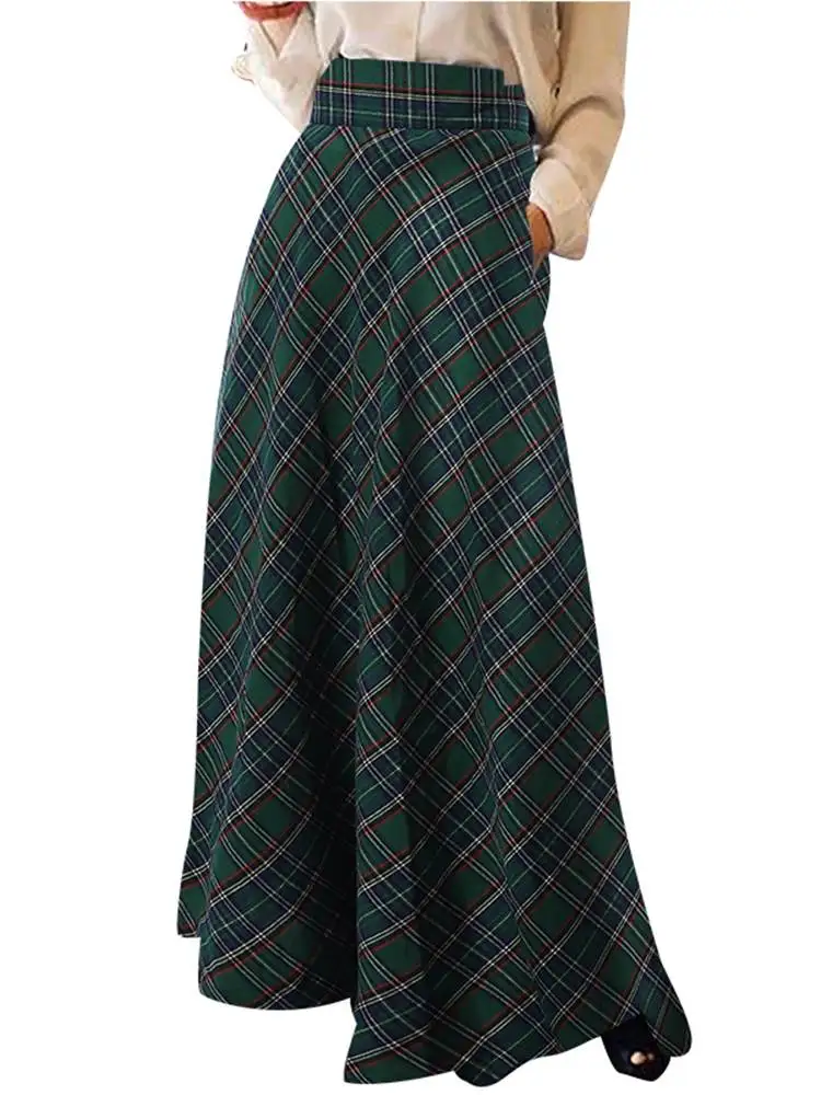 Fashion Women Checked Long Skirt Vintage Autumn Sundress ZANZEA Casual High Waist A-line Faldas Saia Loose Maxi Skirts Jupe Robe