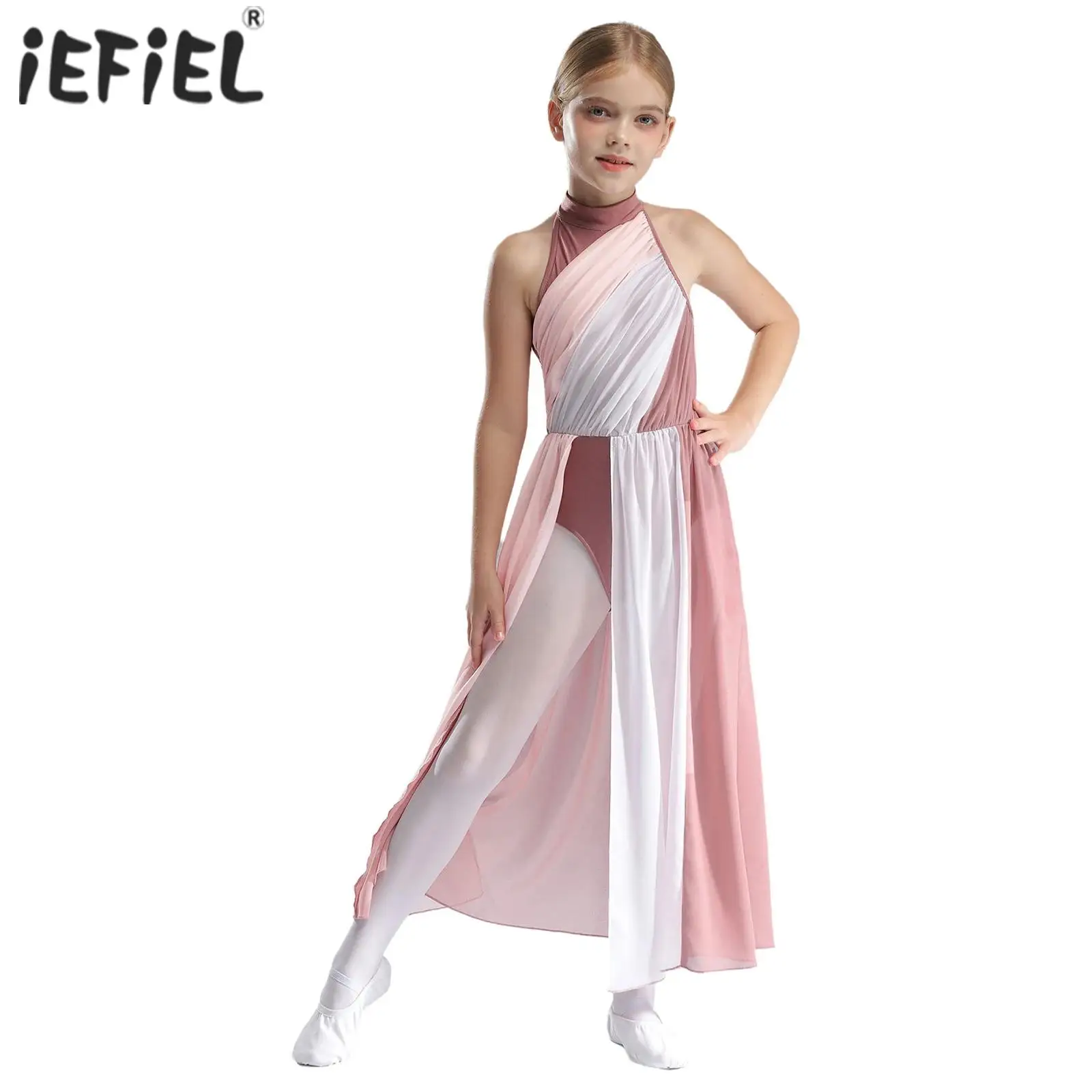 

Kids Girls Ballet Lyrical Dance Performance Costume Modern Contemporary Dance Dresses Keyhole Back Chiffon Skirt Split Dress