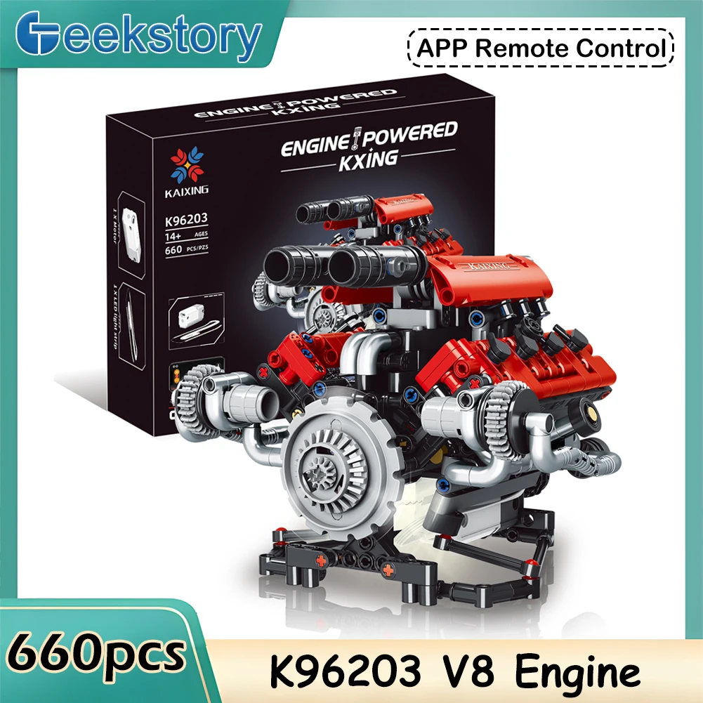 

660PCS K96203 Simulation V8 Engine Model Building Blocks Set Support APP Control With LED Light Motor STEM Educational Toy Gift