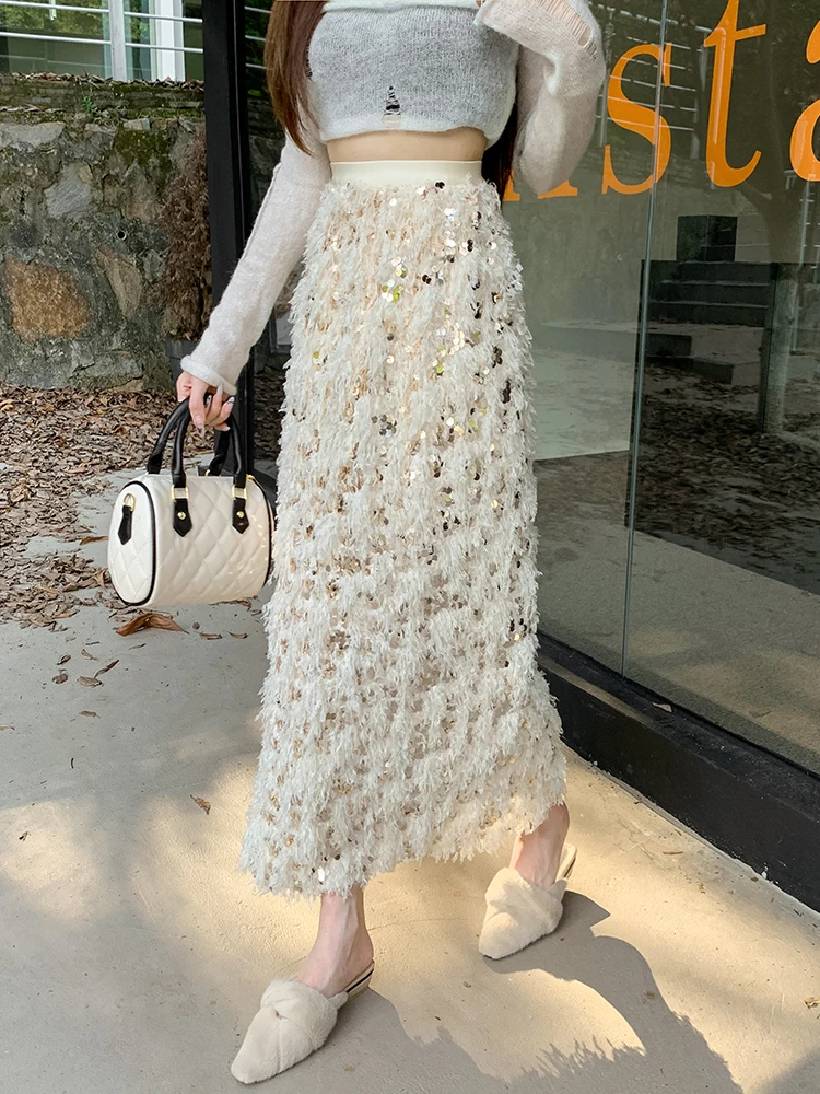 Fall Winter Fashion Sequin Skirts Women Heavy Industry Furry Straight Midi Skirts Y2k Elastic High Waist Split Party Club Skirt