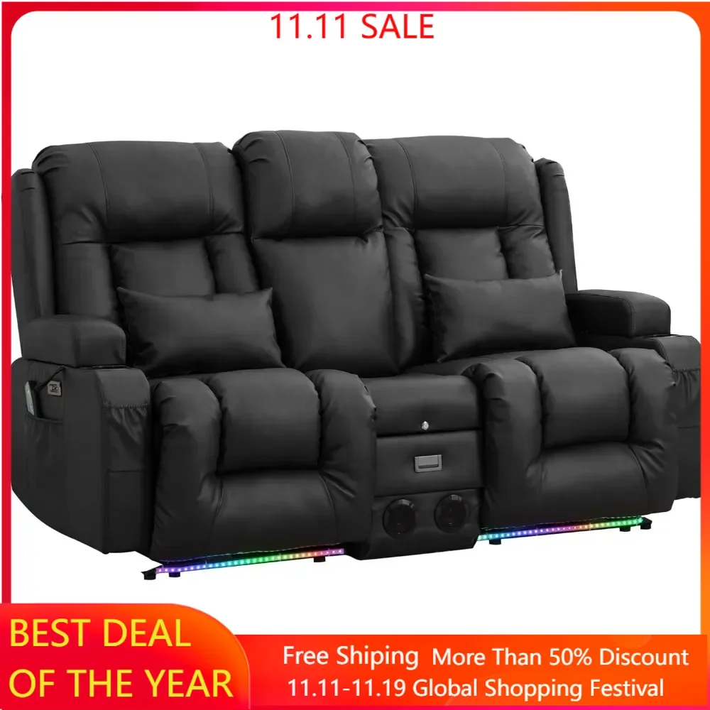 

Loveseat Recliner Sofa, Flipped Middle Backrest/Bluetooth Speakers/USB/Built-in Outlets, LED Ambient Light, Double Recliner Sofa