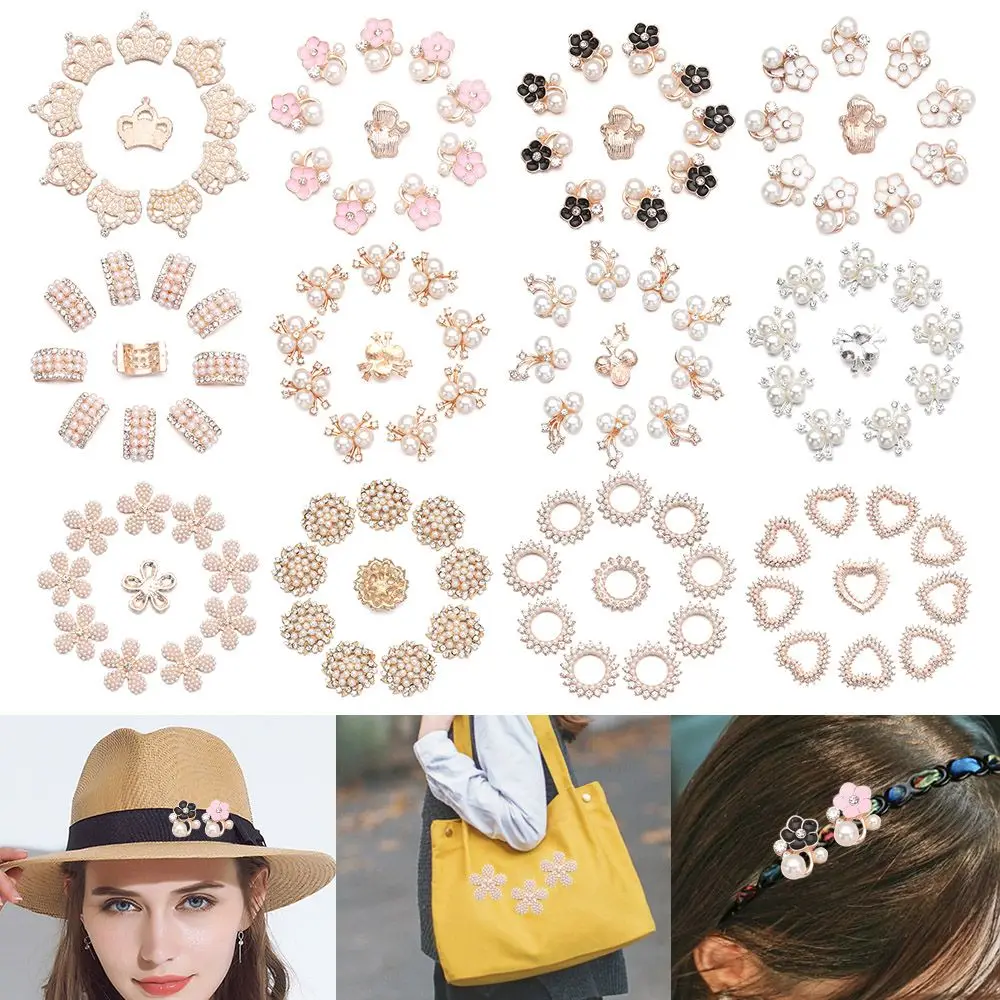 Em forma de flor Rhinestone Hairpins, DIY Craft, Pérola Botão, Headwear Clip, Chapéu Acessórios, 10pcs