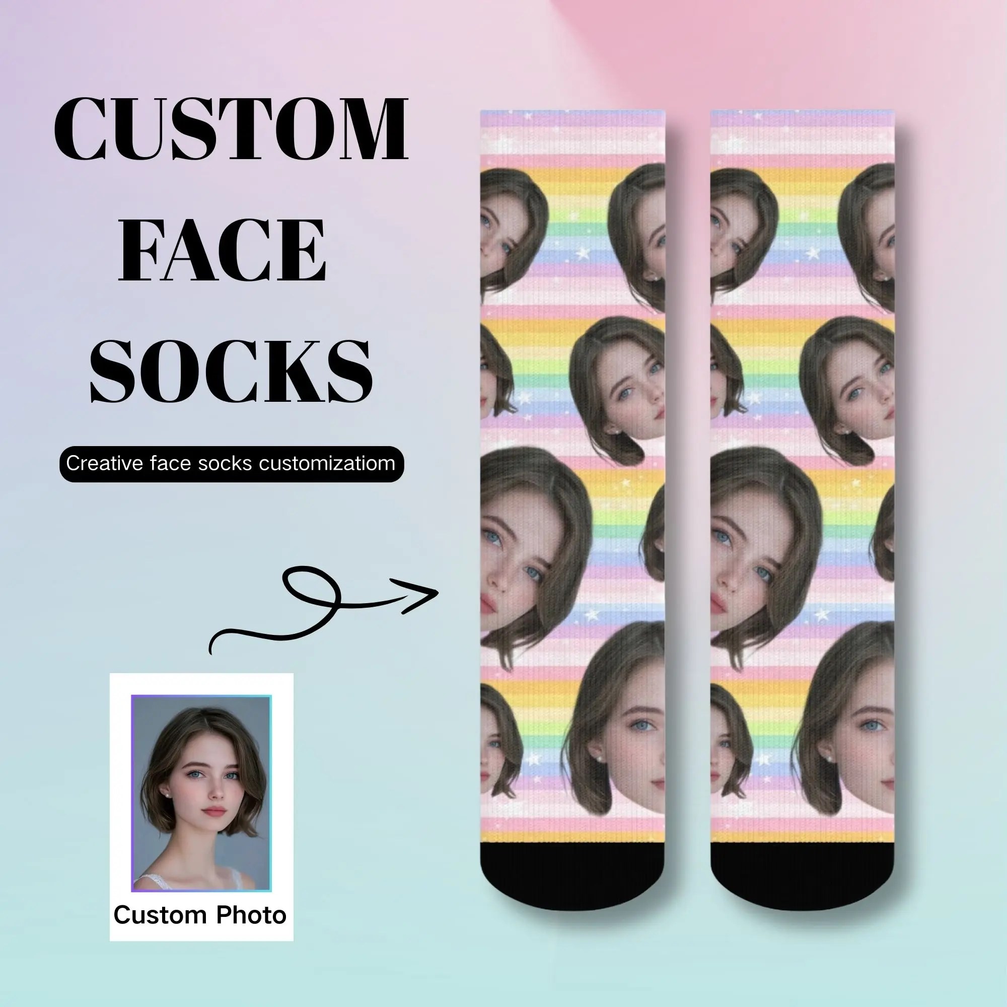 Chaussettes personnalisées avec photo de visage, motif arc-en-ciel, cadeau original, chaudes et confortables pour les femmes, les amies et la famille