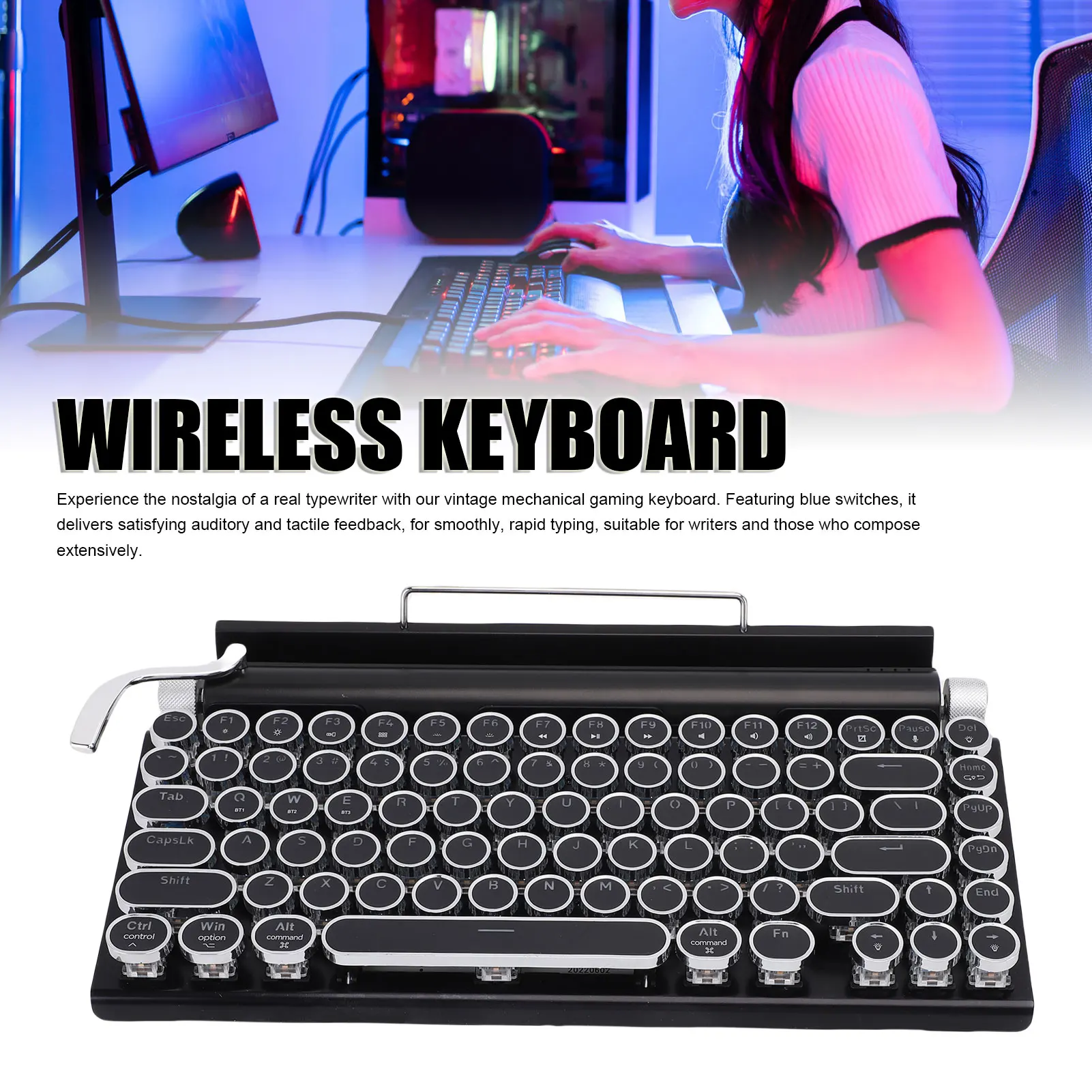 

Punk Keyboard Retro Typewriter Keyboard BT Punk Round Keycap Metal Frame Wireless Mechanical Keyboard for Tablet Computer Phone
