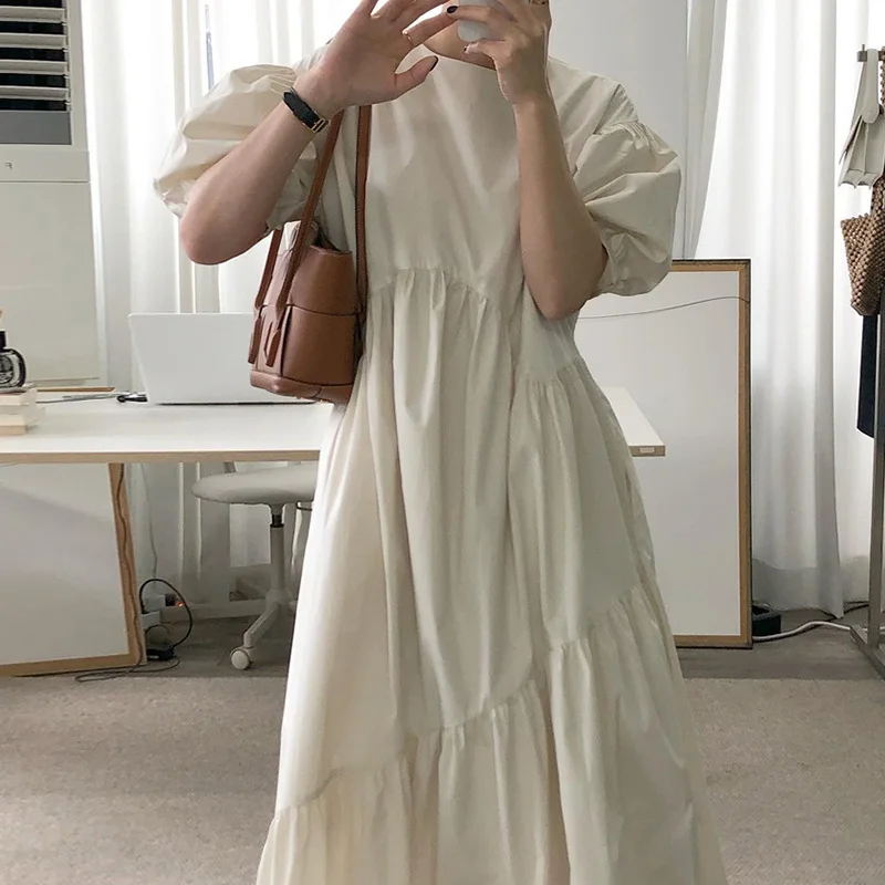 Vestido Longo Estilo Coreano com Design em Camadas E, Ajuste Confortável, Cor Pura, Gola Redonda, Manga Bufante Solta ...