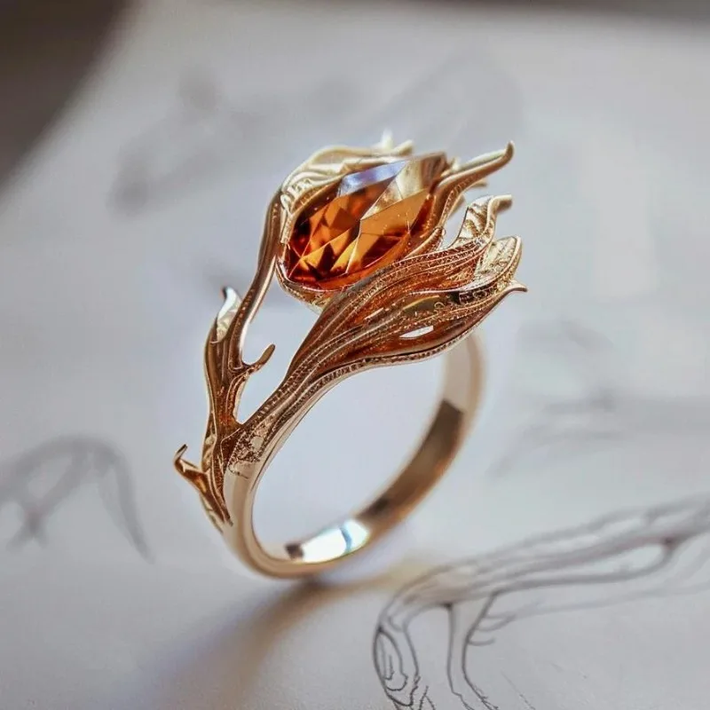 Anillo de Fénix de llama, piedra Fanta, anillo de cristal naranja, diseño de nicho femenino, anillo de diamante de turmalina de seda con flor antigua