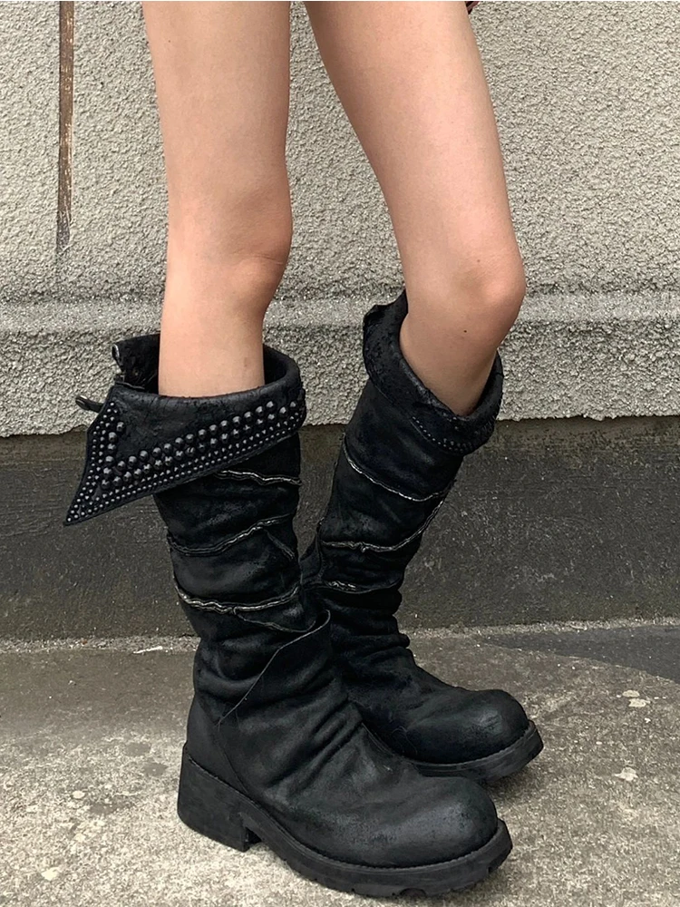 

Женские ботинки в стиле вестерн Sle Boo с круглым носком на массивном каблуке, зимние высокие длинные сапоги, матовые сапоги Fini Bla Knight