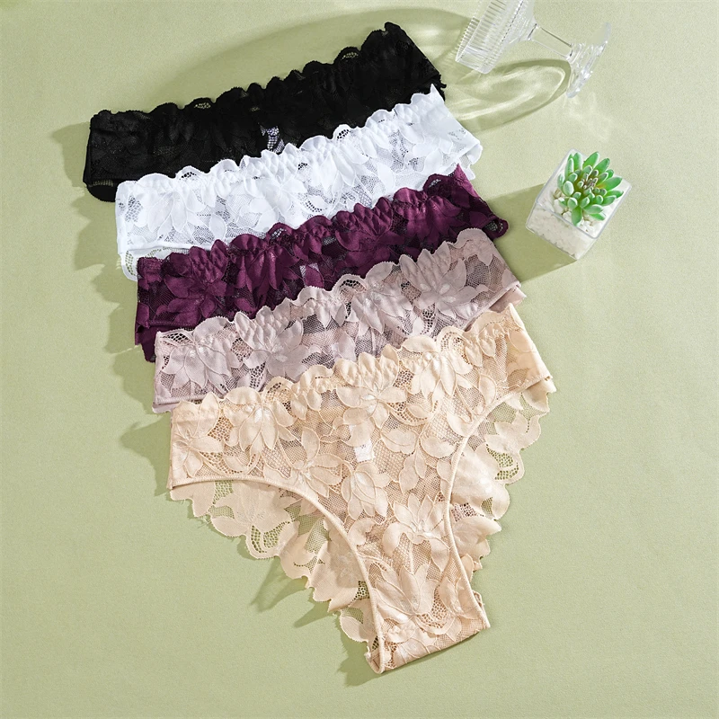 FINETOO 2 Stück Damen-Unterwäsche aus Satin mit Blumenspitze, sexy, aushöhlen, Höschen, solide, niedrige Taille, perspektivische Slips, Mädchen, weiche Dessous – Detail 6