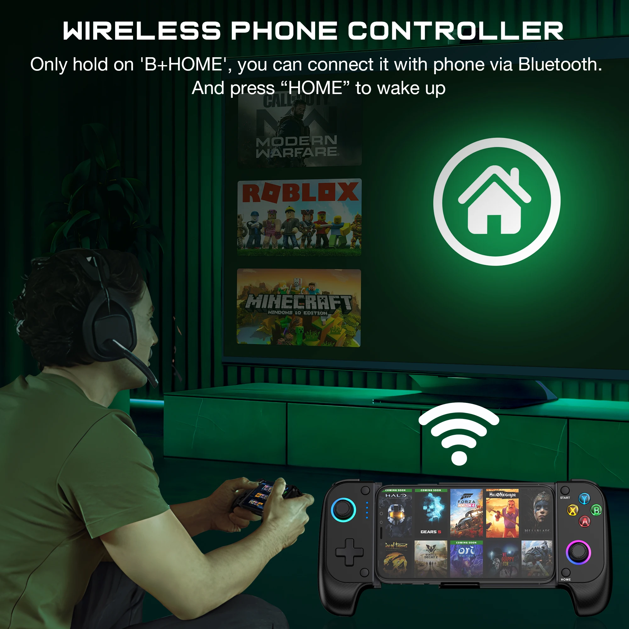 DinoFire Bluetooth Gamepad Mobile Game Controller with Hall Effect Stick for iPhone 15 Android PS Remote Play Cloud Game