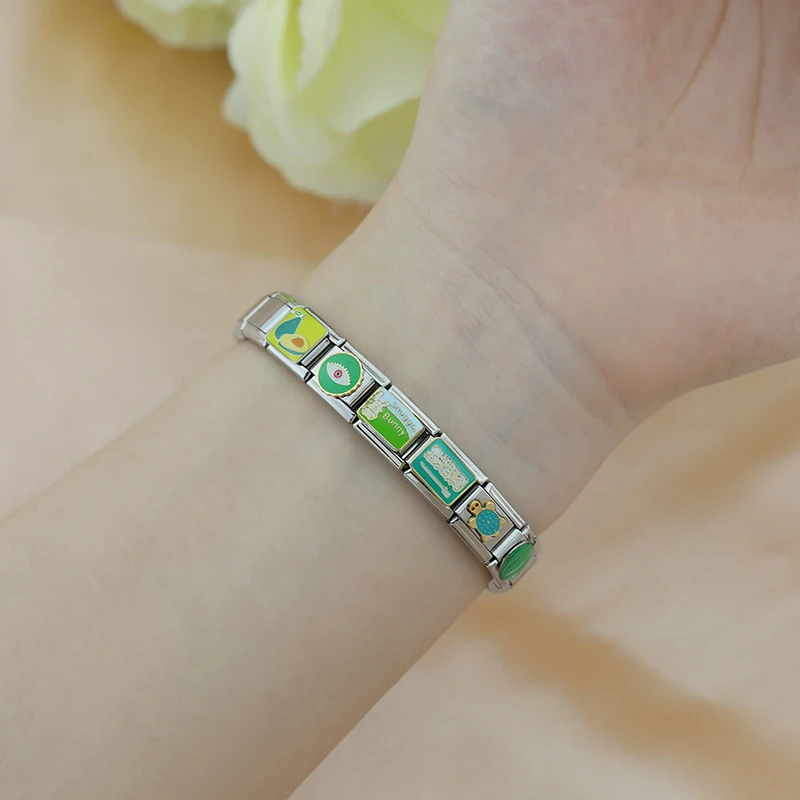 Hapiship 2024 New Women's Green Eye Star Heart Italian Charms Links Beads Fit 9mm Stainless Steel Bracelet Making Jewelry ZH012